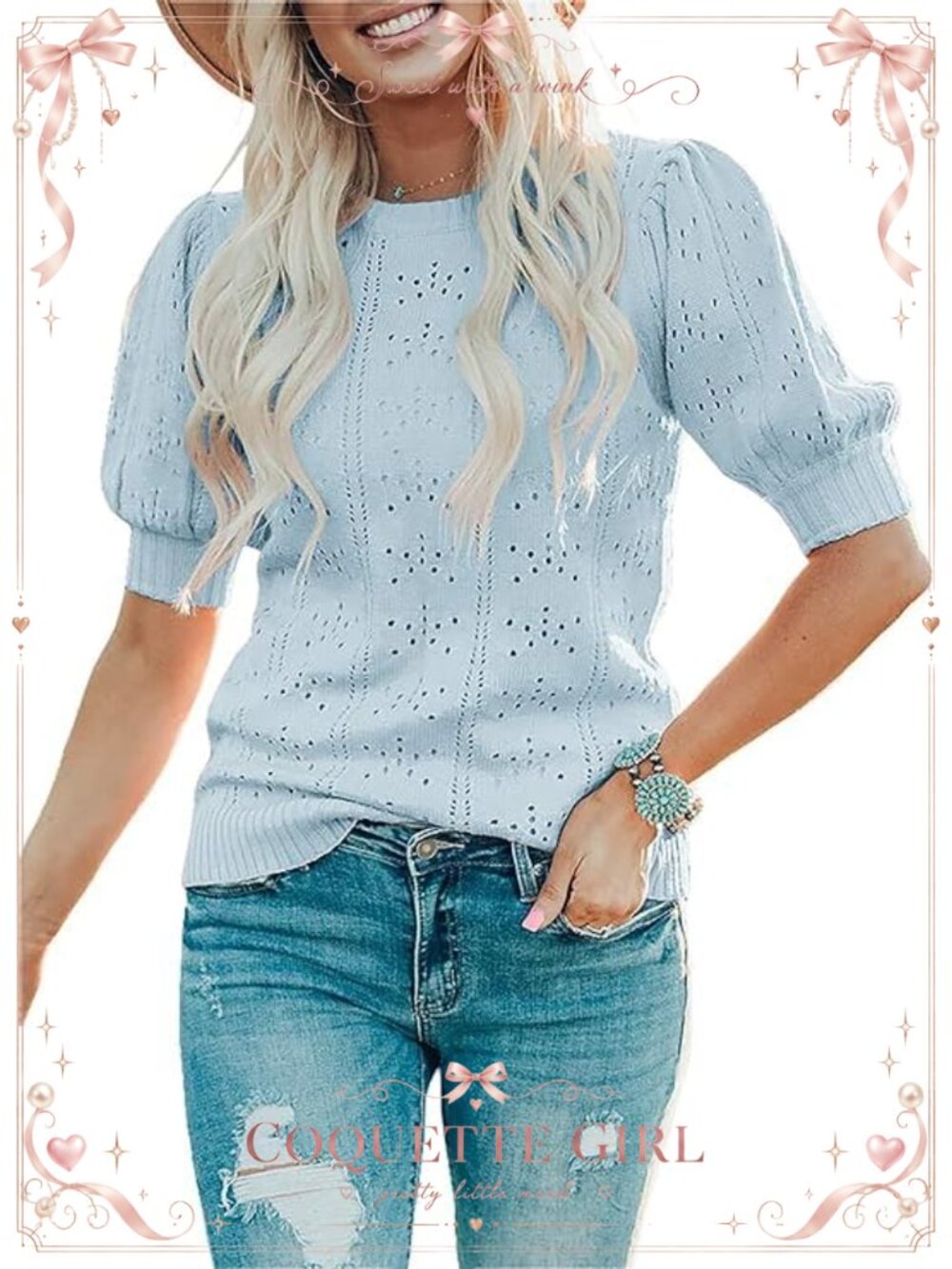 Womens Puff Short Sleeve Sweater Soft Lightweight Knit Blouse Crew Neck Pullover